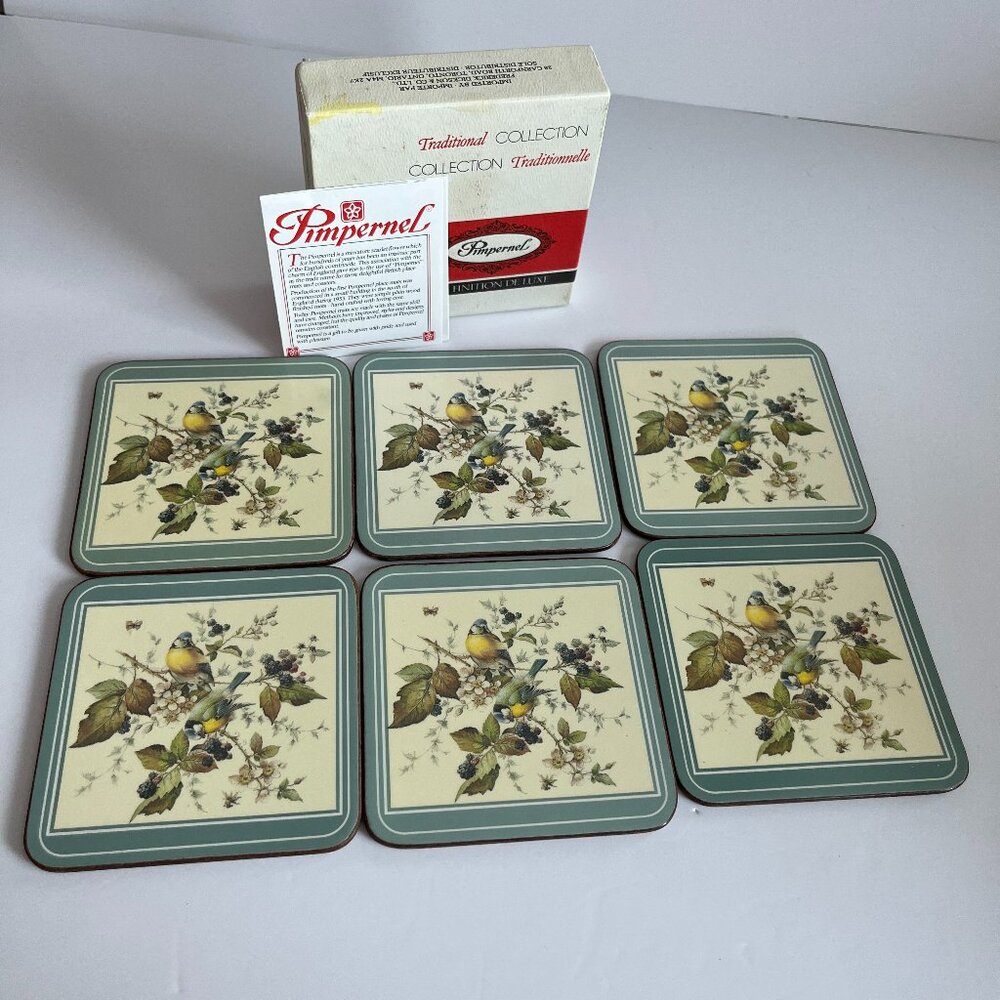 Vintage Pimpernel Bird and Berries Cork-Back Coasters Spring Floral New in Box